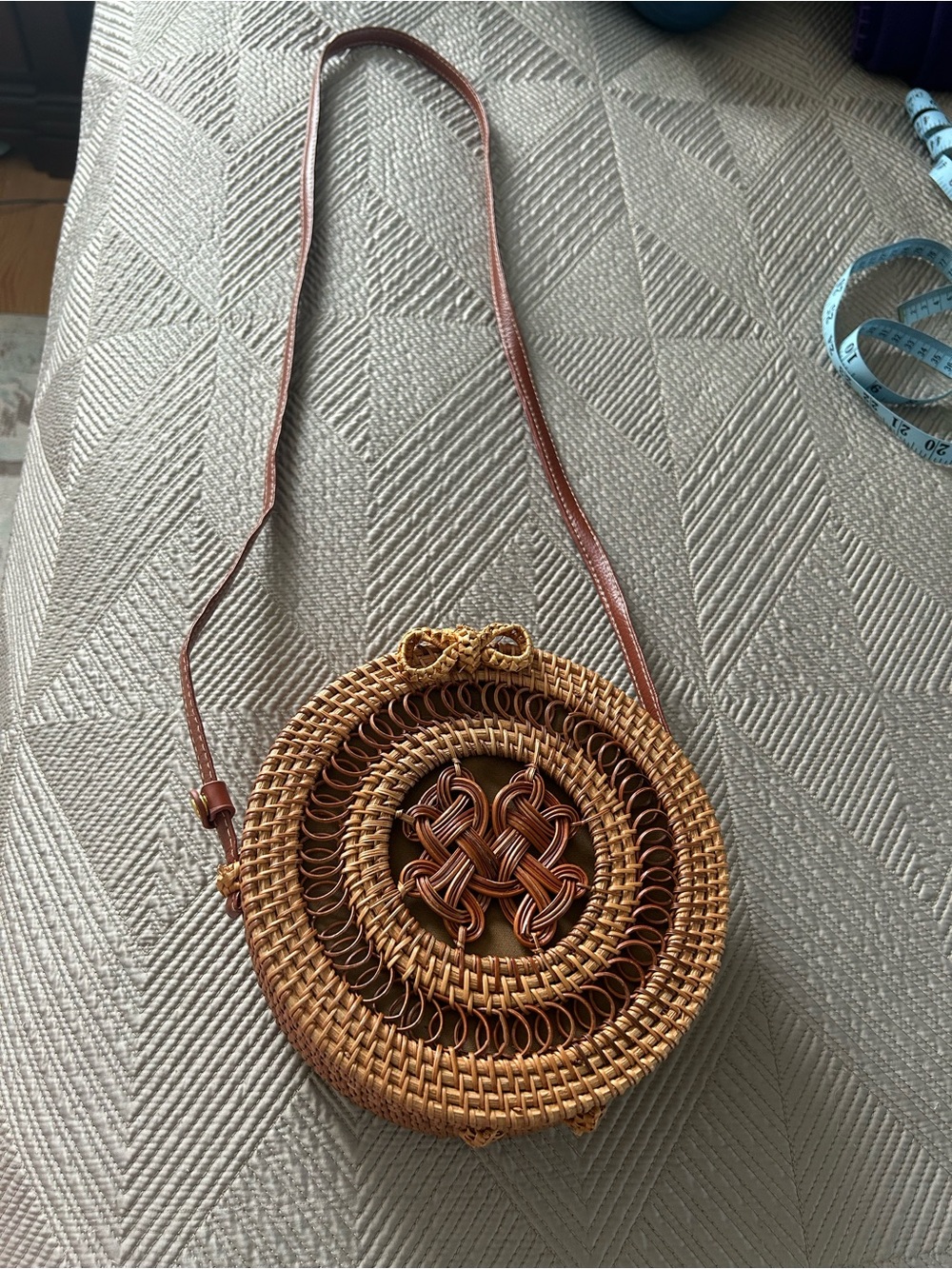 Handwoven Round Rattan Crossbody Bag - Natural Brown